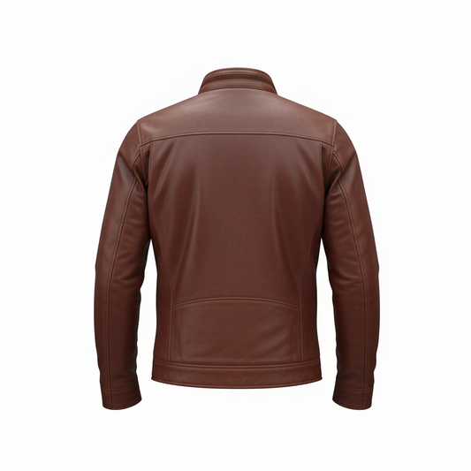 Bram Men's Brown Cafe Racer Biker Style Lapel Collar Centre Zipper Leather Jacket