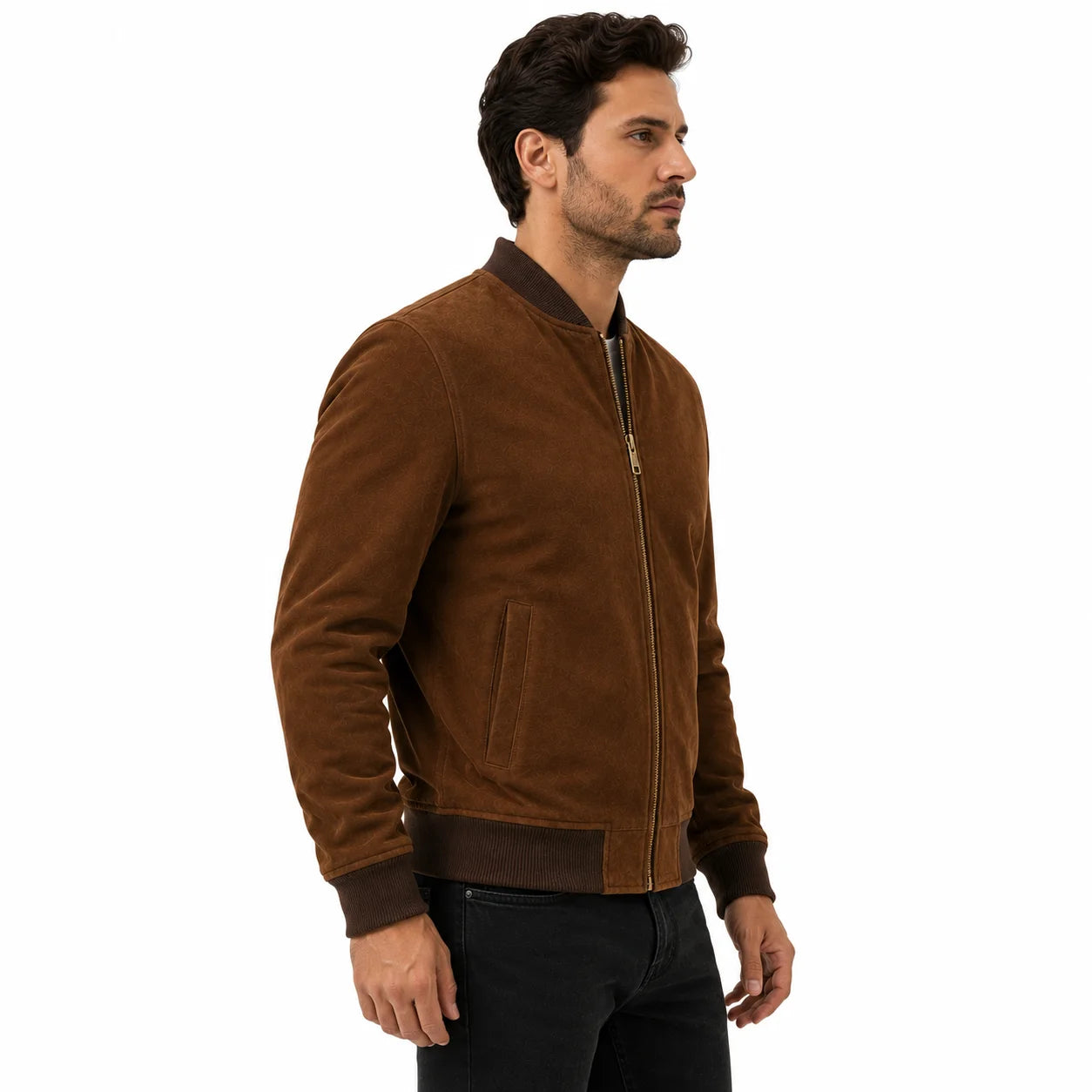 Man wearing brown suede bomber jacket with white tee and denim, street style, side look
