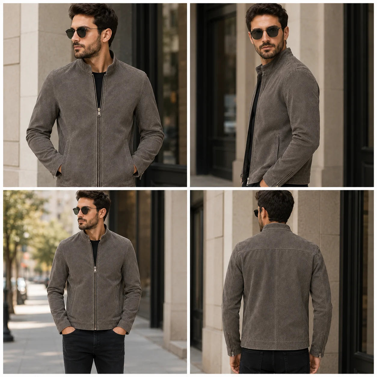 Men's grey suede cafe racer jacket with straight zip, all view