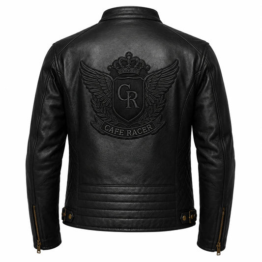 Minimalist black cafe racer jacket with an embroidered crest constructed into the back panel