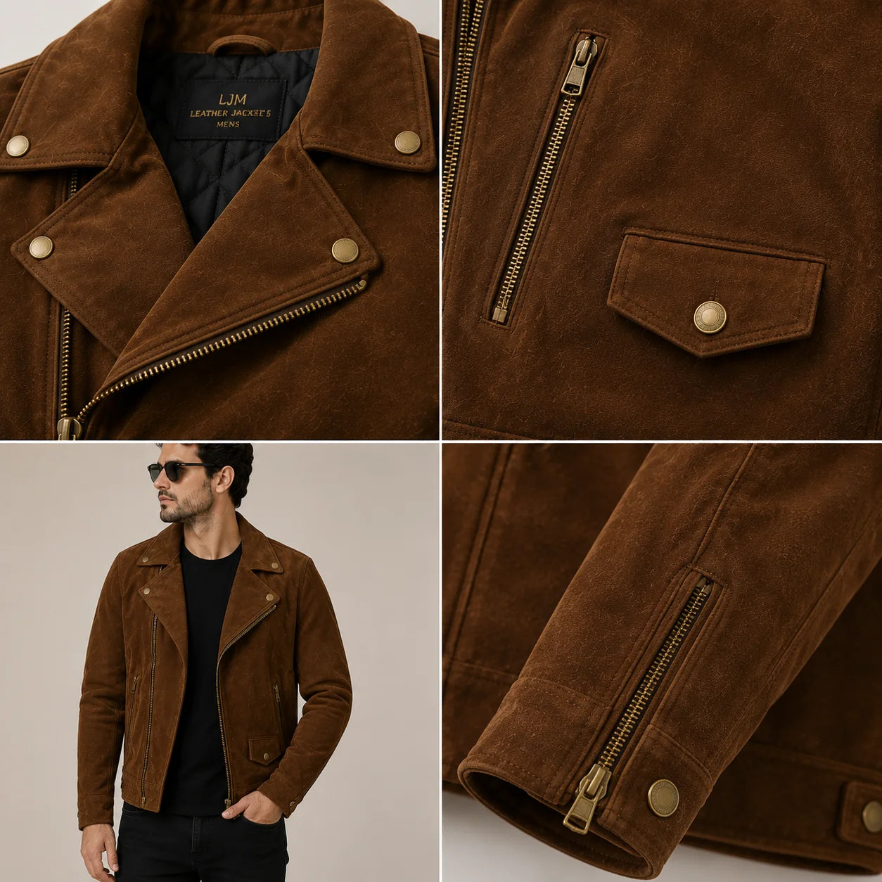 Close-up of suede biker jacket collar snap and brass YKK zipper, short pocket and overall wearing