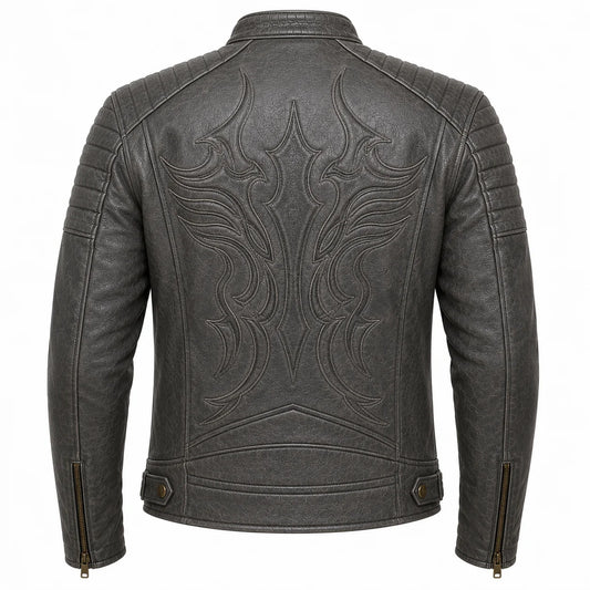 Back panel embroidered crest detail on grey cowhide moto jacket