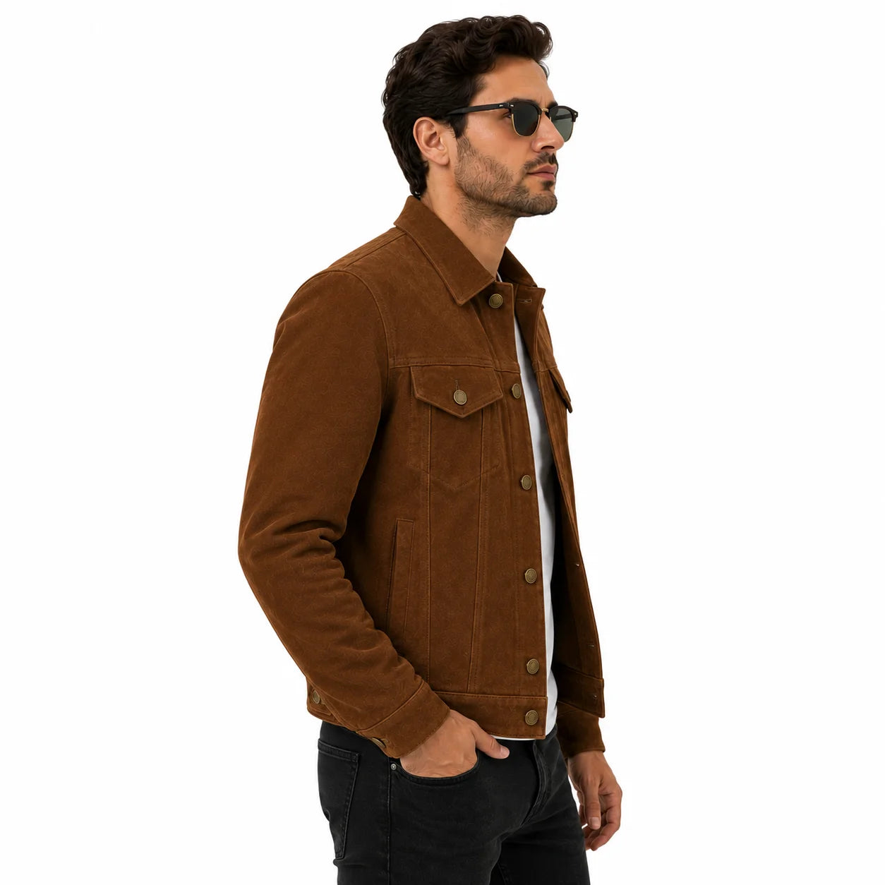 Man wearing suede trucker jacket over flannel with denim, casual outfit, side look