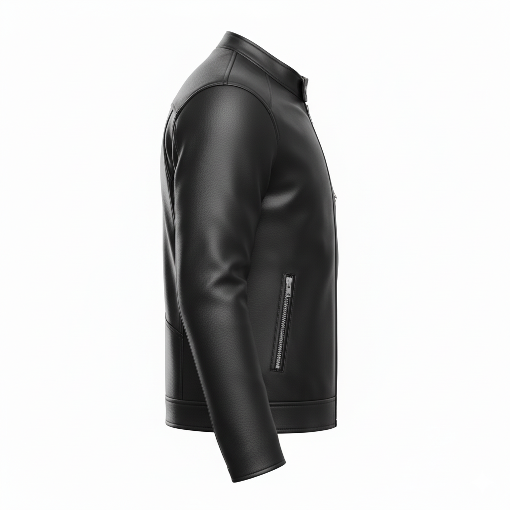 Close side view of full-grain cowhide motorcycle jacket highlighting zip chest pocket and sleeve fit