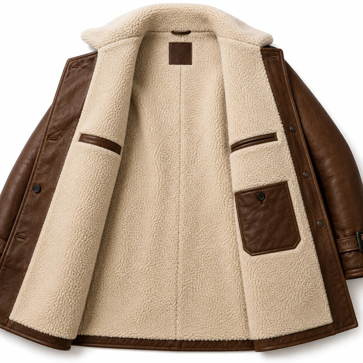 Men’s shearling leather trench coat natural wool interior lining detail