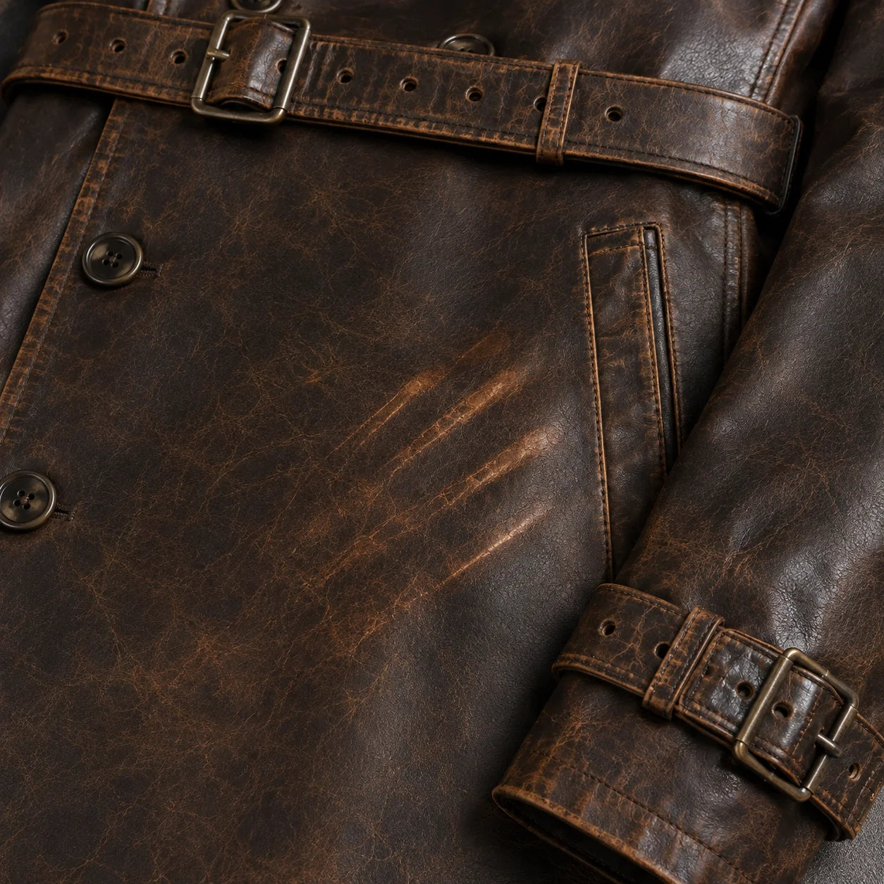 Men’s distressed leather long coat pull up patina belt crease detail