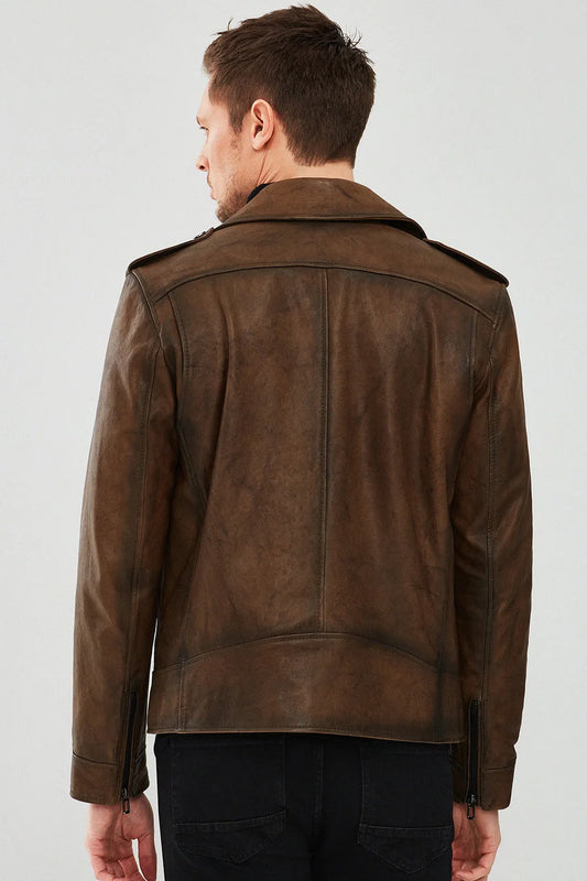 Back view showing yoke seam and distressed brown leather texture on men's bomber jacket