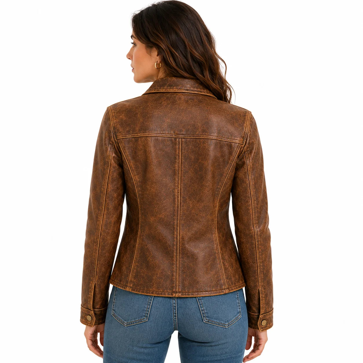 Woman wearing natural patina vintage leather jacket, casual styling with jeans, back look