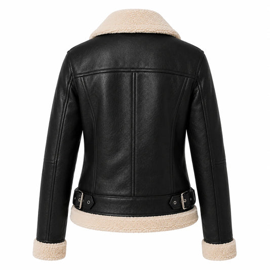 Back view of black vegan leather biker jacket showing faux shearling trim