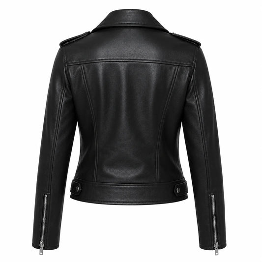 Back view of a black celebrity inspired women's leather biker jacket showing tailored stitching and fitted design.