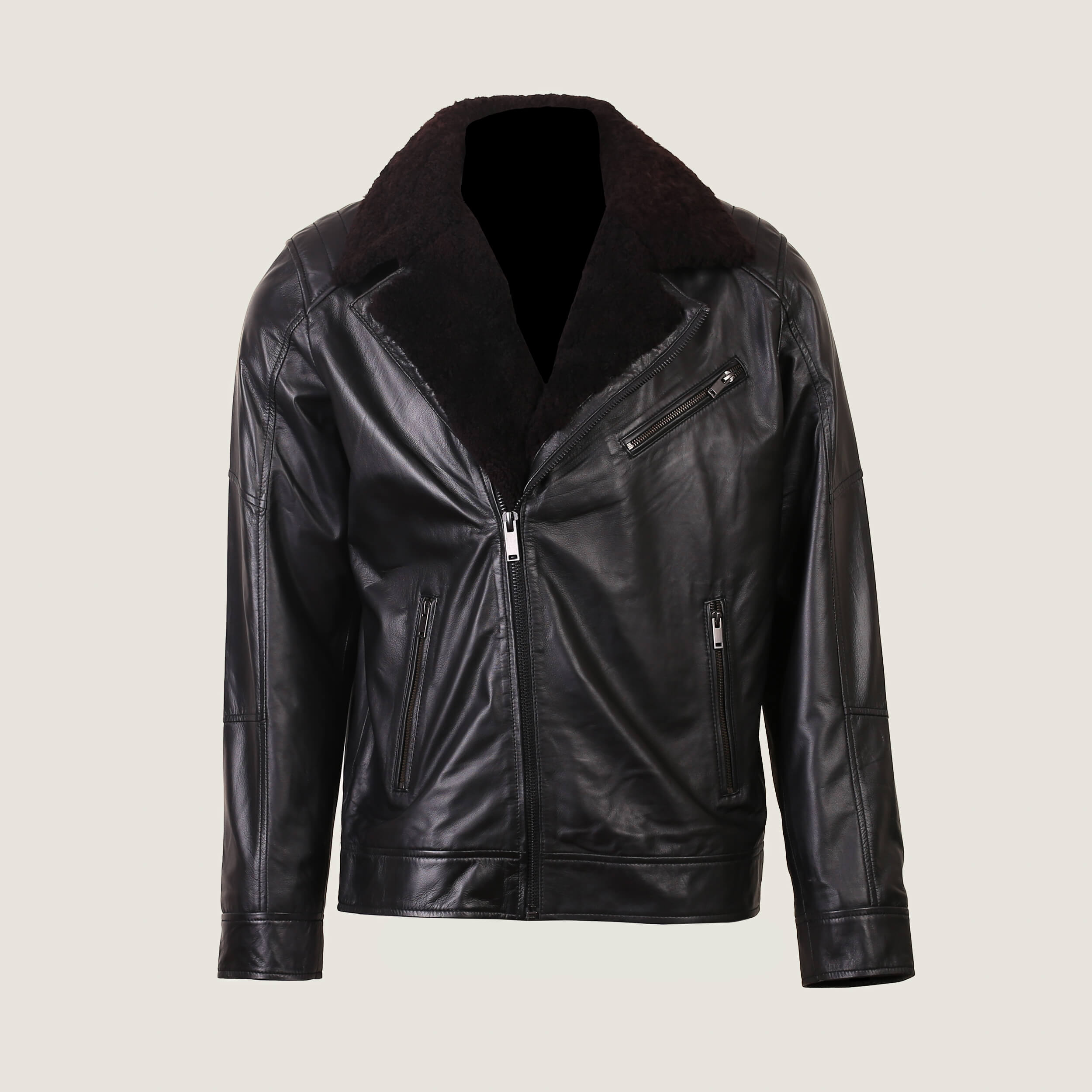 Men’s Black Biker Leather Jacket with Lapel Fur Color