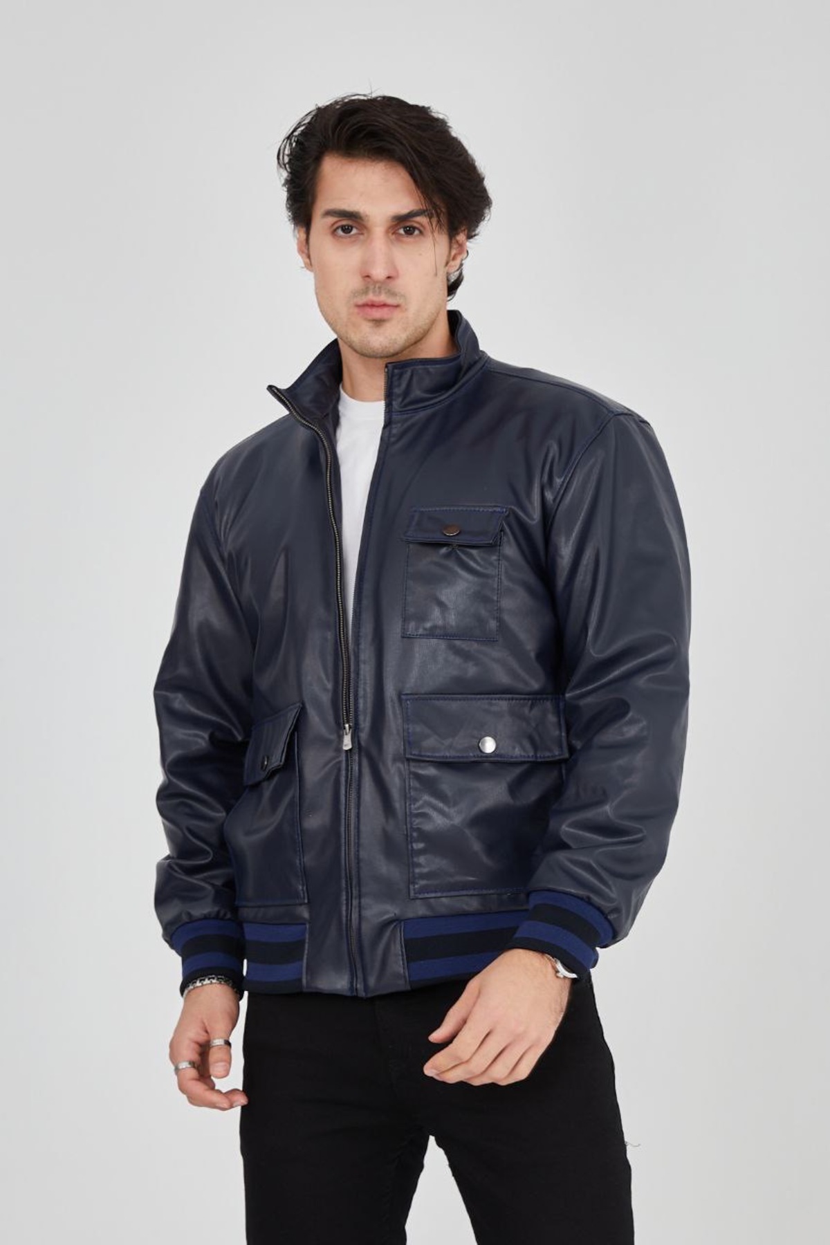 Aegis Blue Men’s Bomber Zipper with Cuff Sleeves Leather Jacket