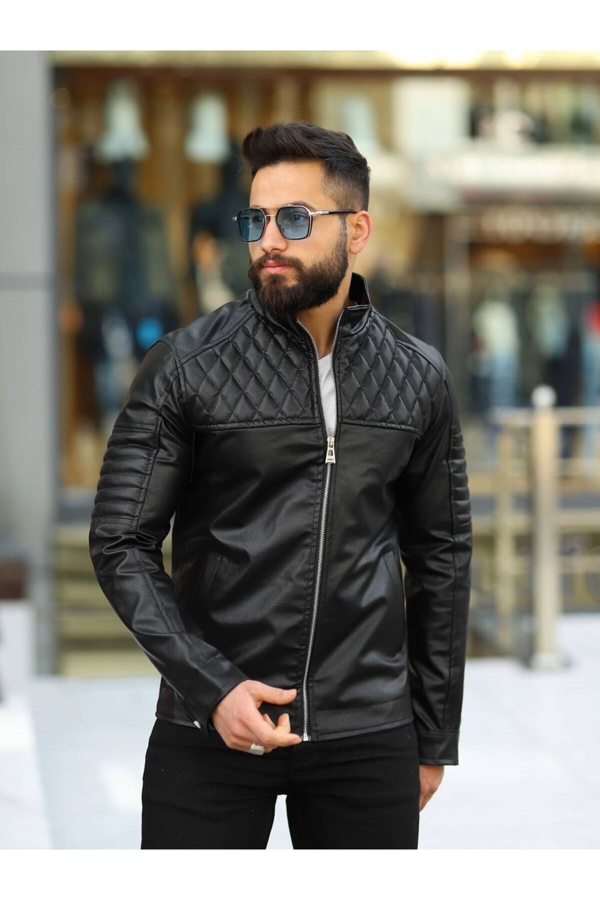 Crested Black Leather Motorcycle Jacket with Zipper