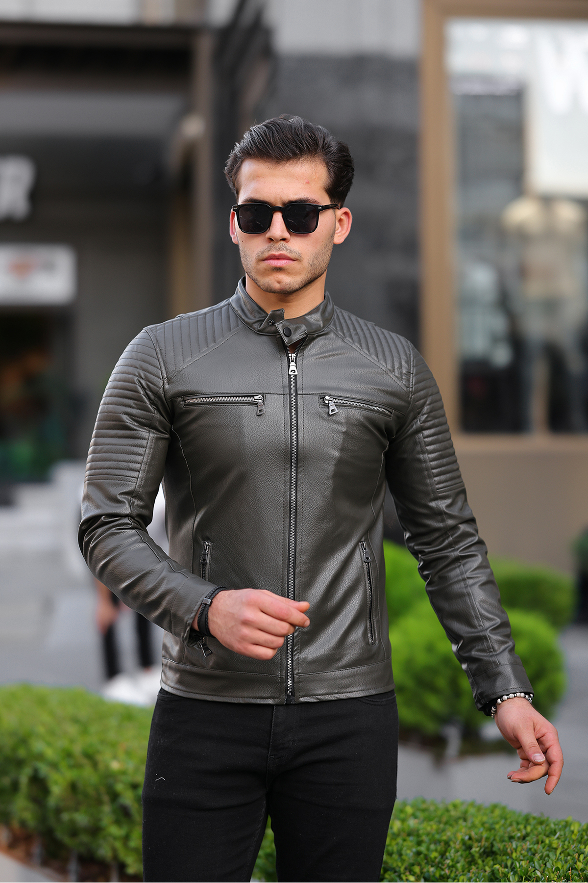 Grey Crested Leather Motorcycle Jacket