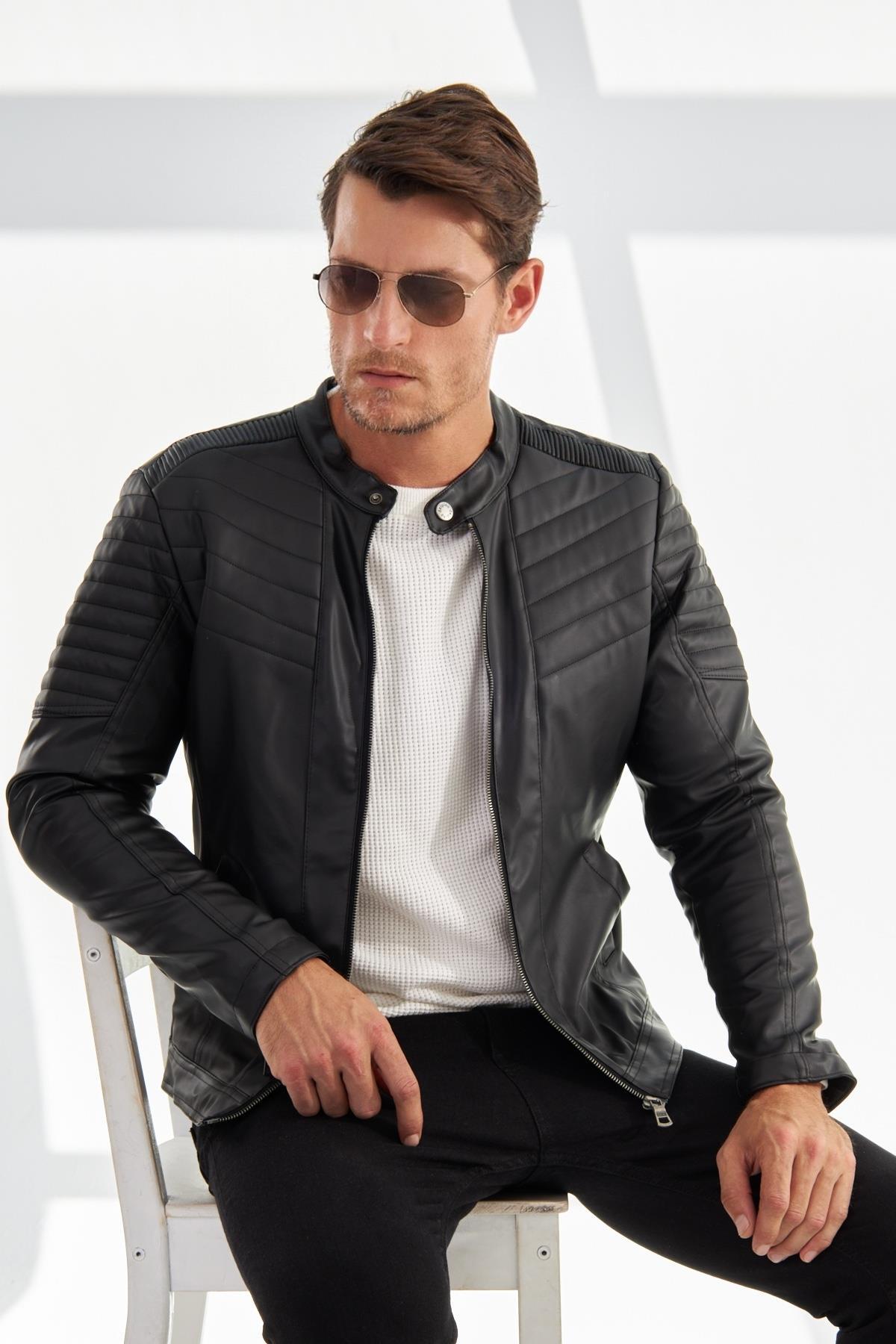 Men’s Classic Black Moto Leather Jacket with Crest