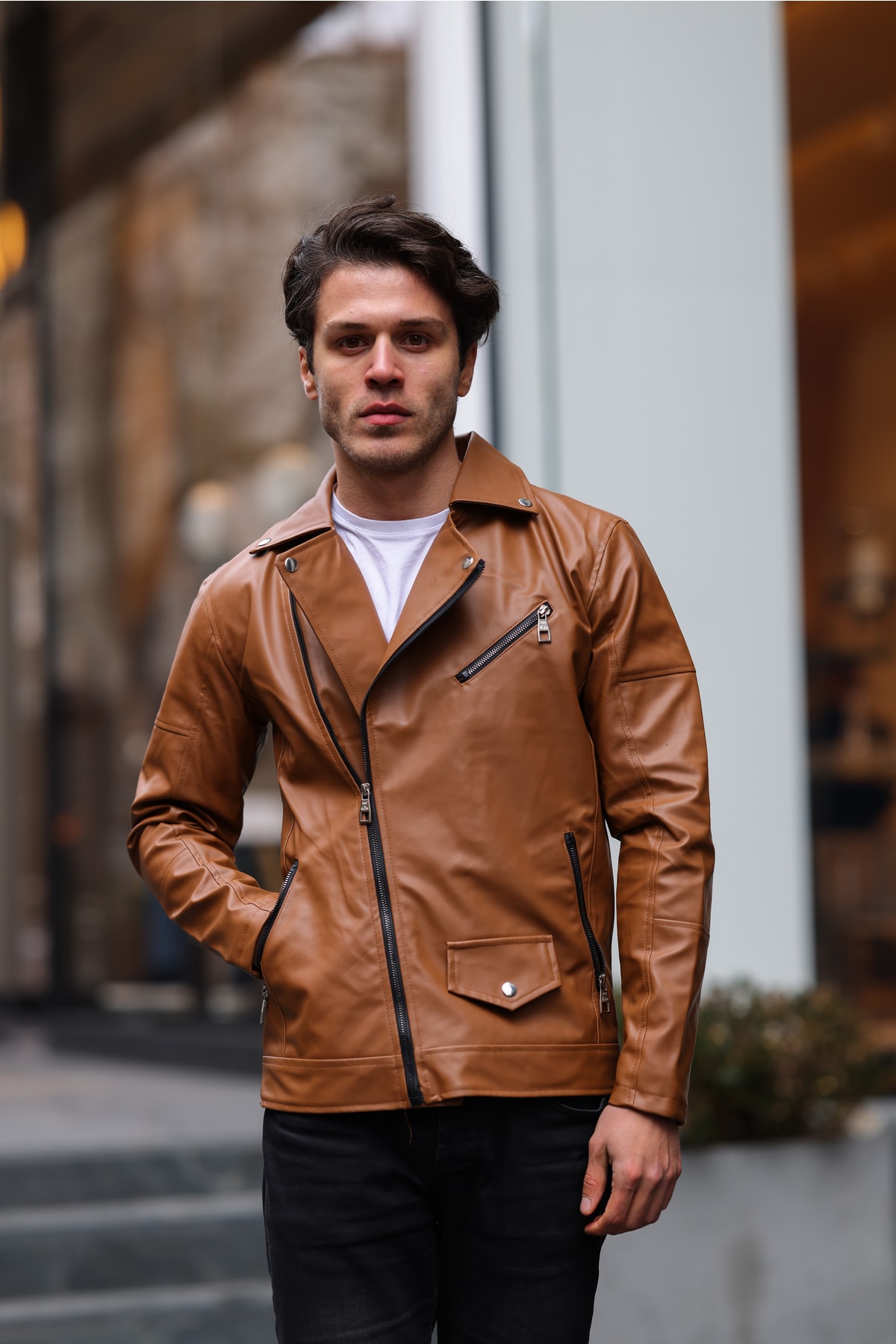 Brown Classic Biker Asymmetrical Zipper Leather Jacket for Men