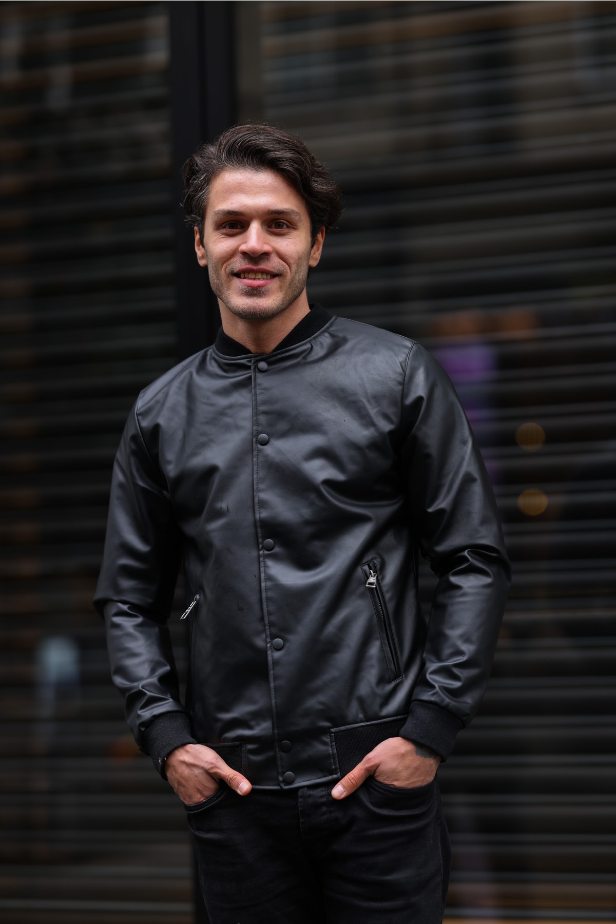 Black Sleek Zipper Bomber Leather Jacket Mens