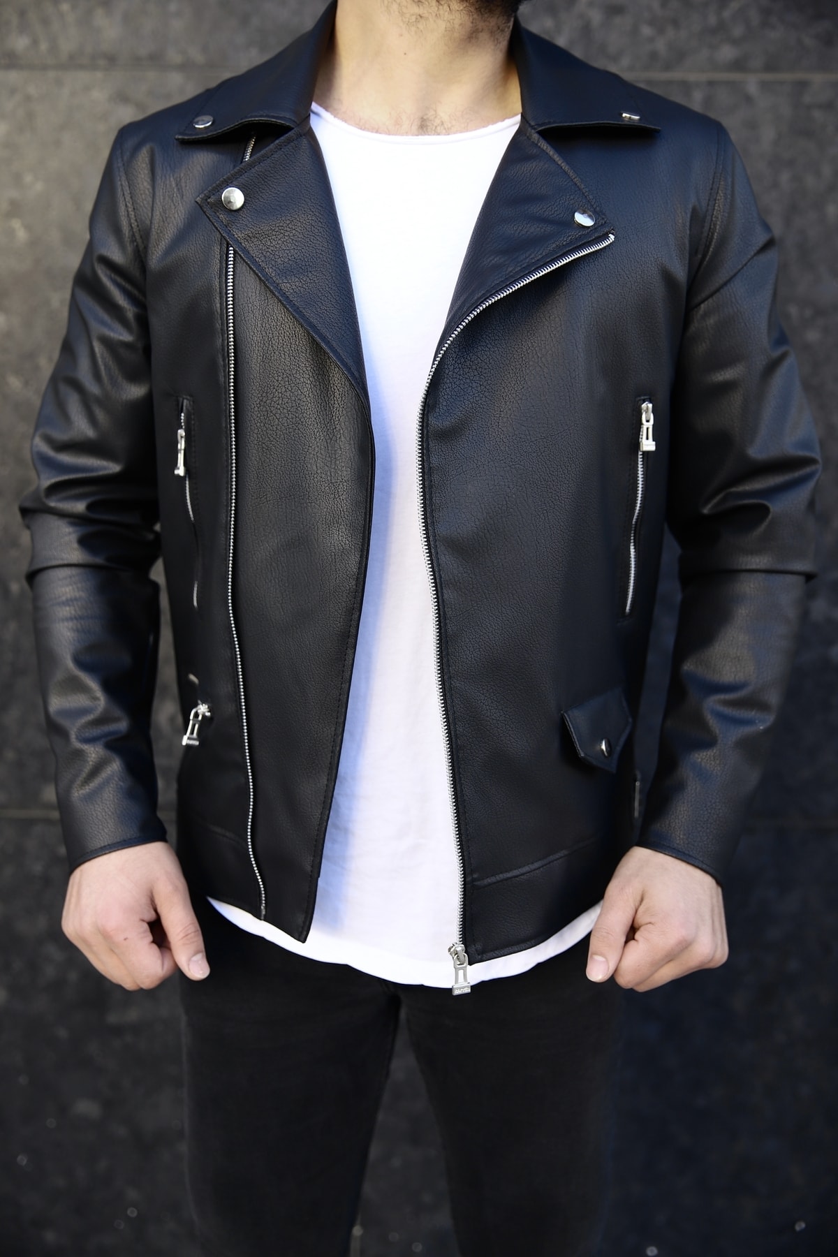 Black Motorcycle Asymmetric Zipper Leather Jacket for Men