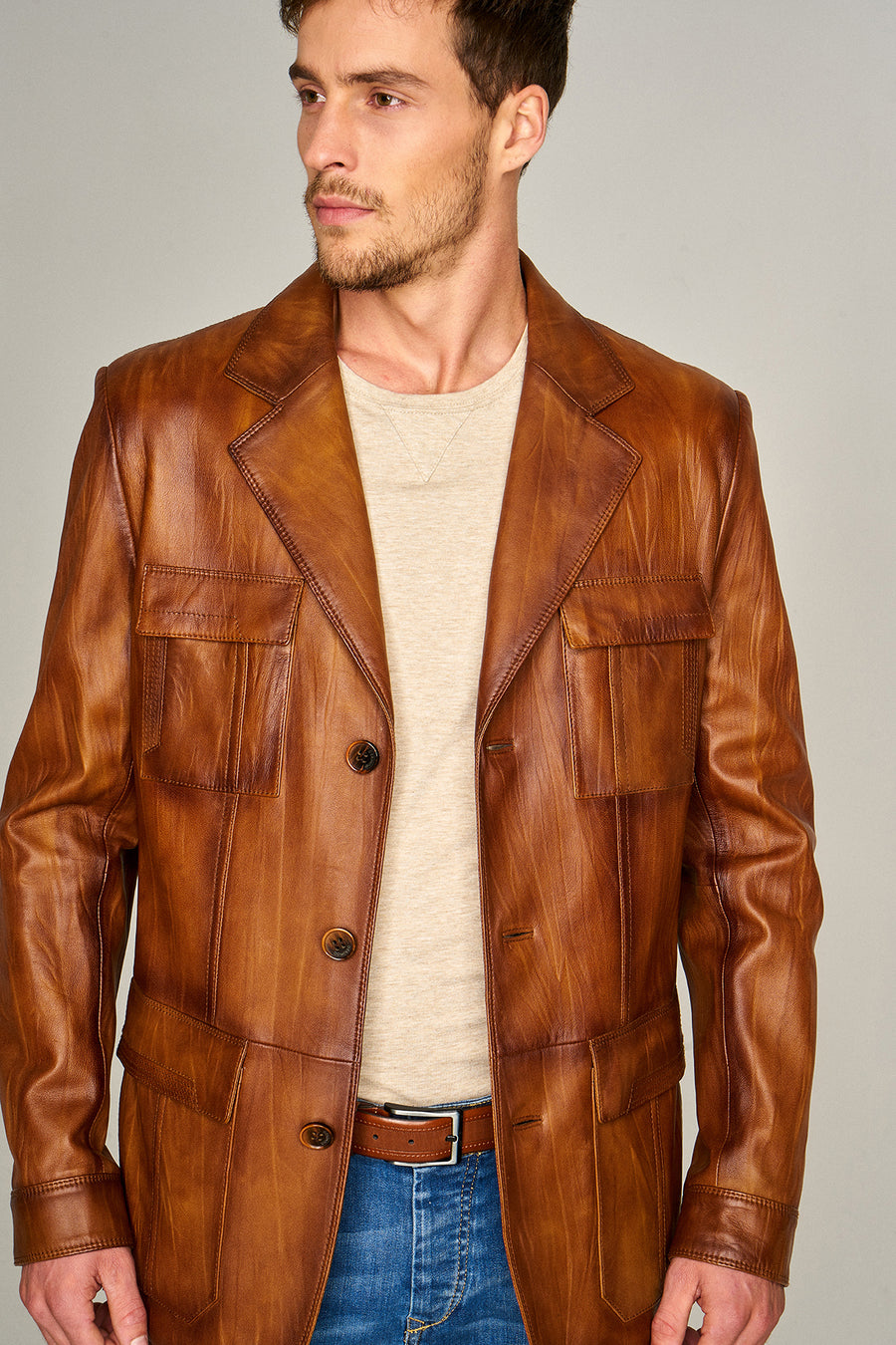 Men’s Vintage Brown Leather Jacket with Button Closure