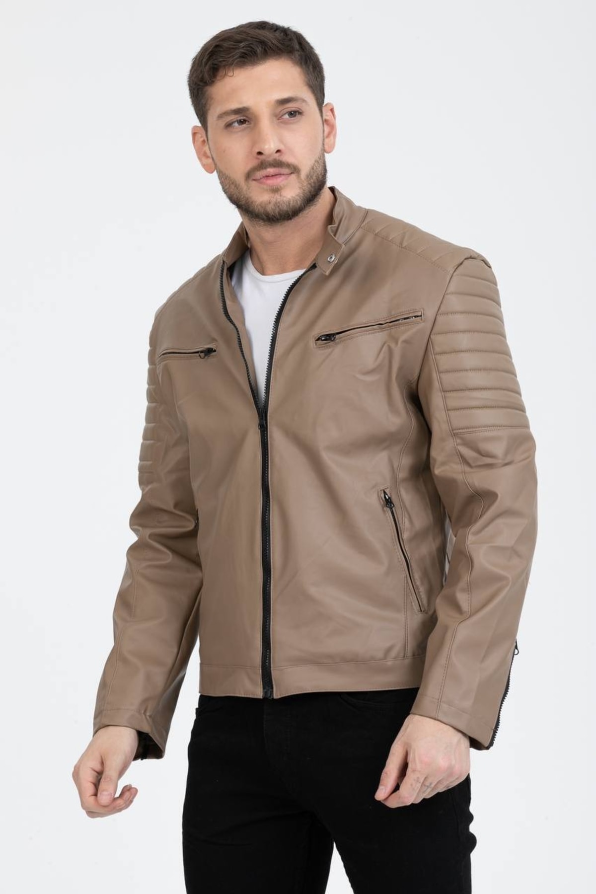 Men’s Evan Crested Biker Leather Jacket with Zippered Sleeves