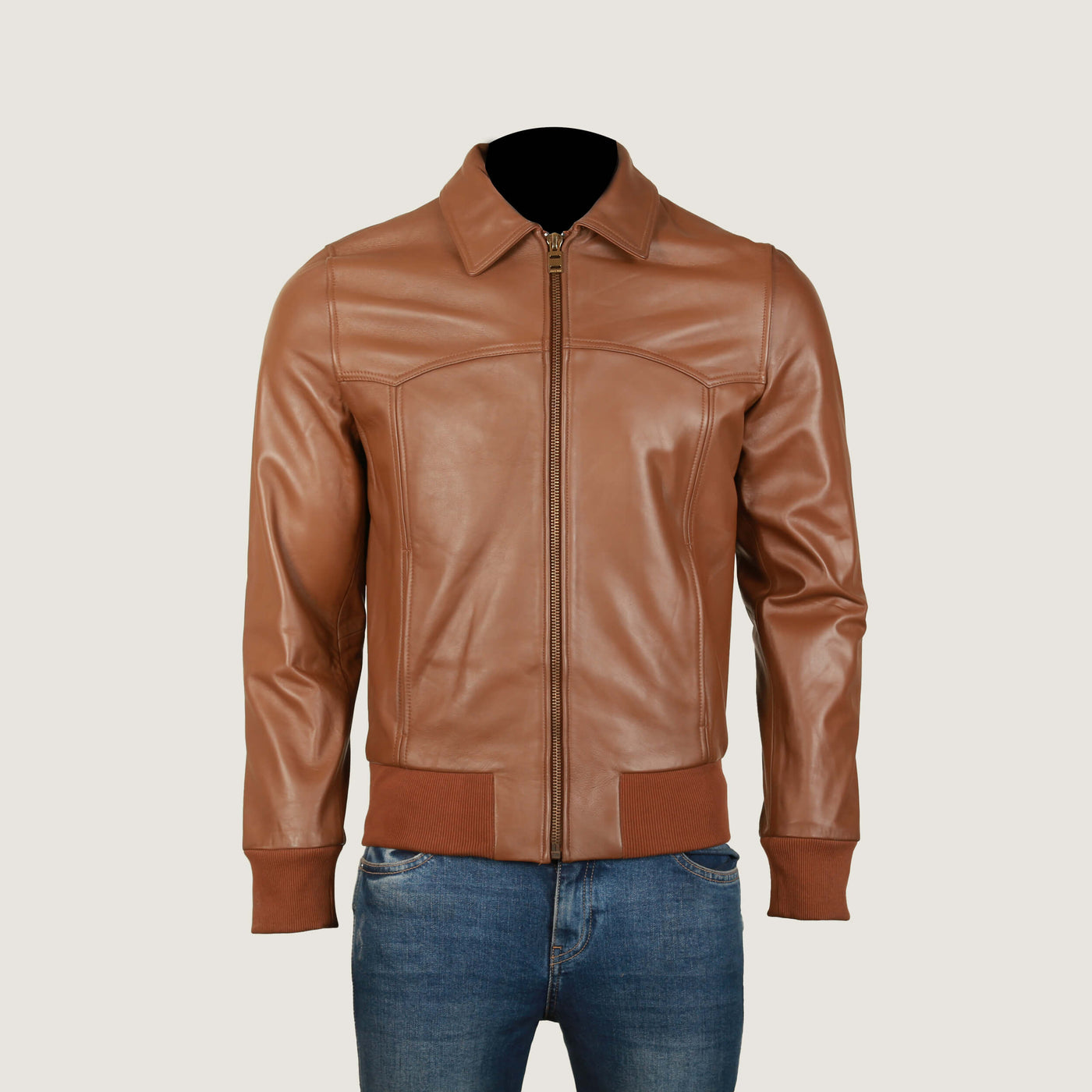 Mens Brown Leather Bomber Jacket with Fitted Cuff Sleeves