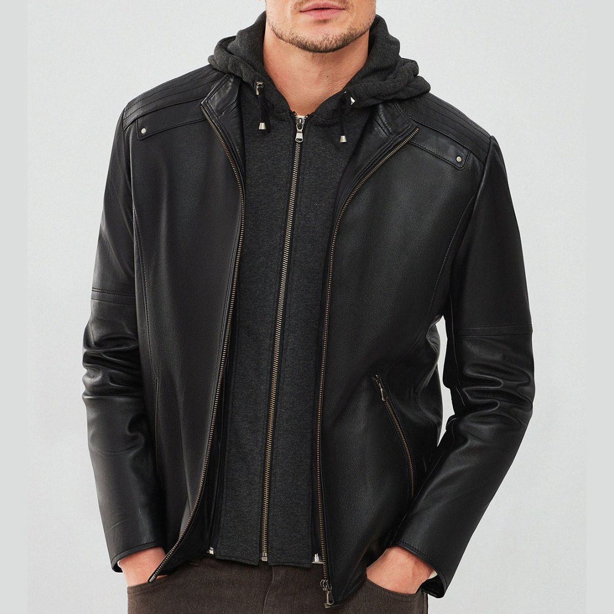 Men’s Genuine Leather Jacket with Hood