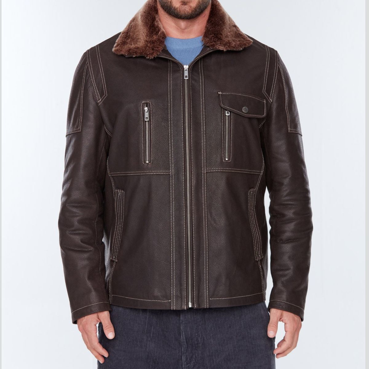 Brown Shearling Leather Jacket for Men’s with Lapel Fur Collar