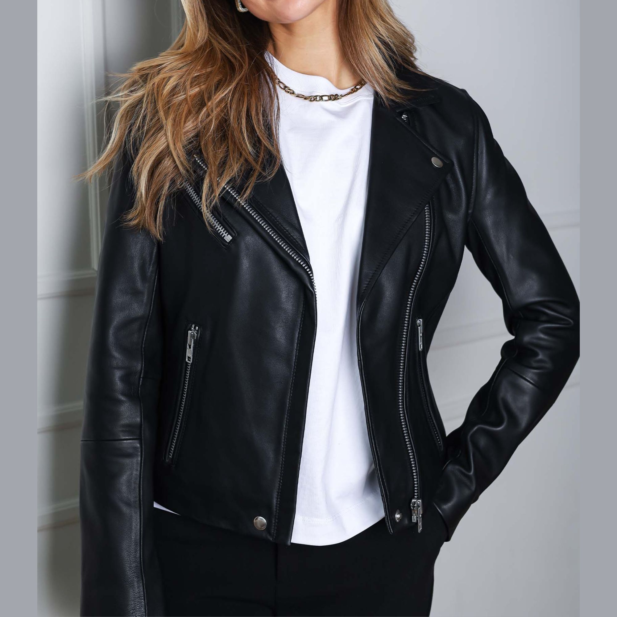 Swank Women’s Biker Leather Jacket With Asymmetrical Zipper