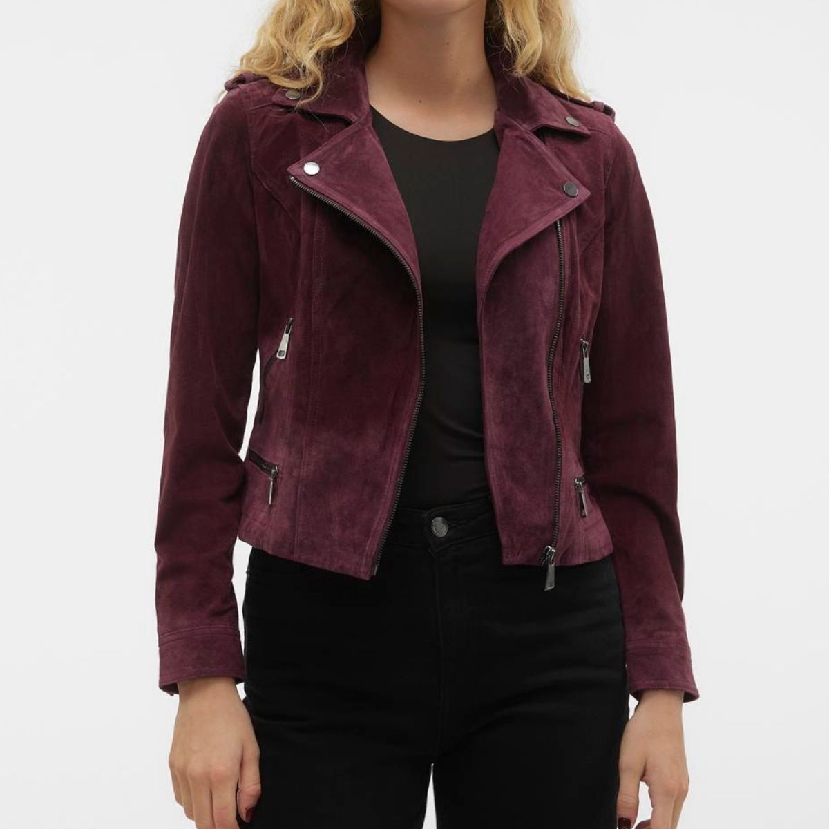 Maroon Suede Biker Leather Jacket for Women