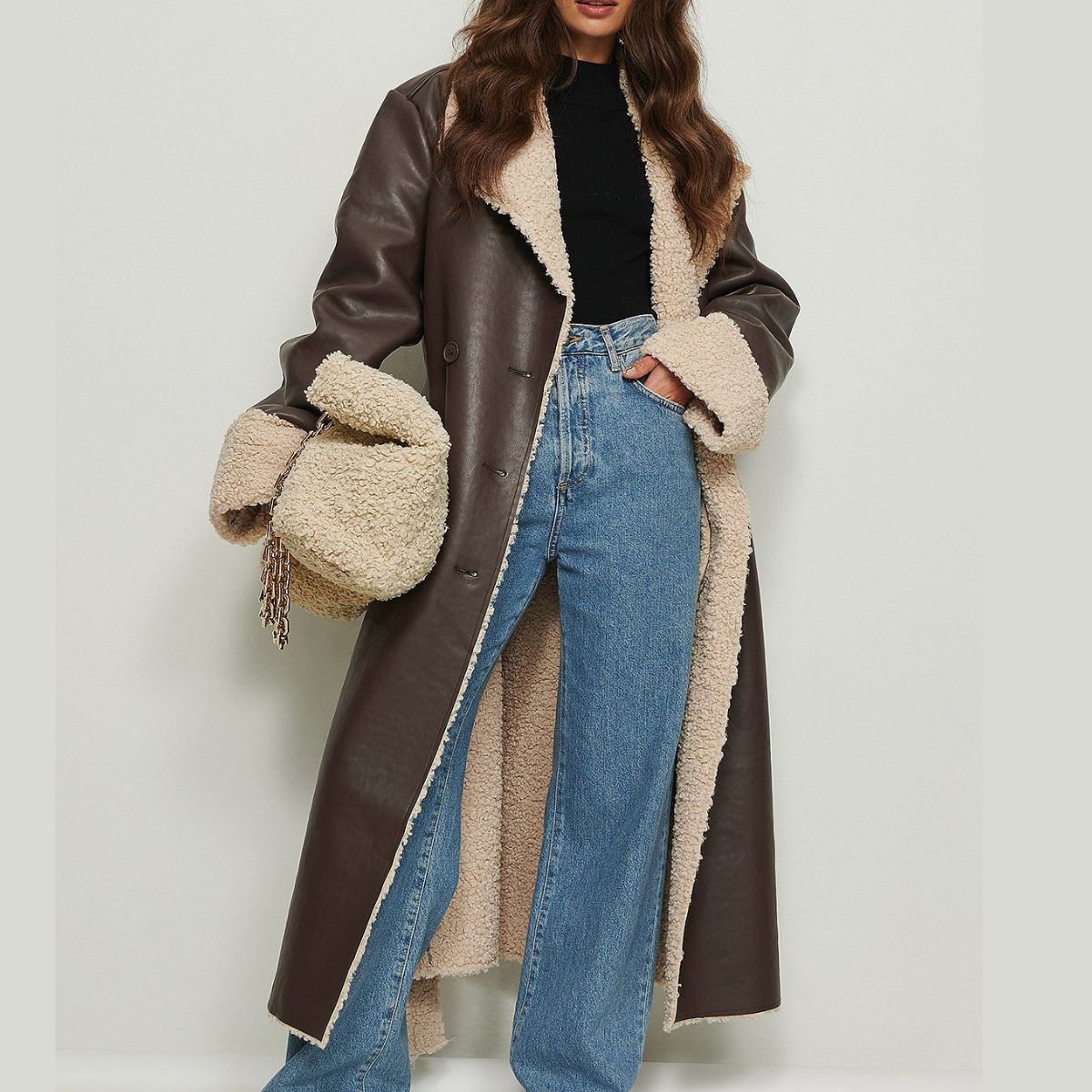 Vogue Women’s Shearling Long Coat With Shearling Leather Belt