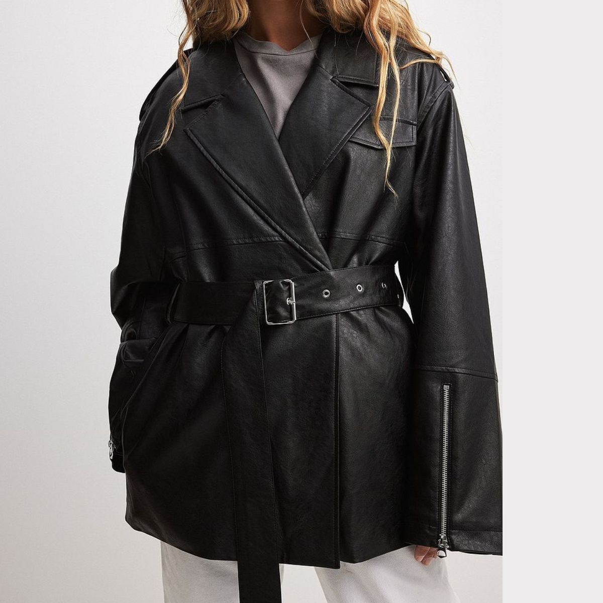 Elara Belted Short Black Leather Coat for Women