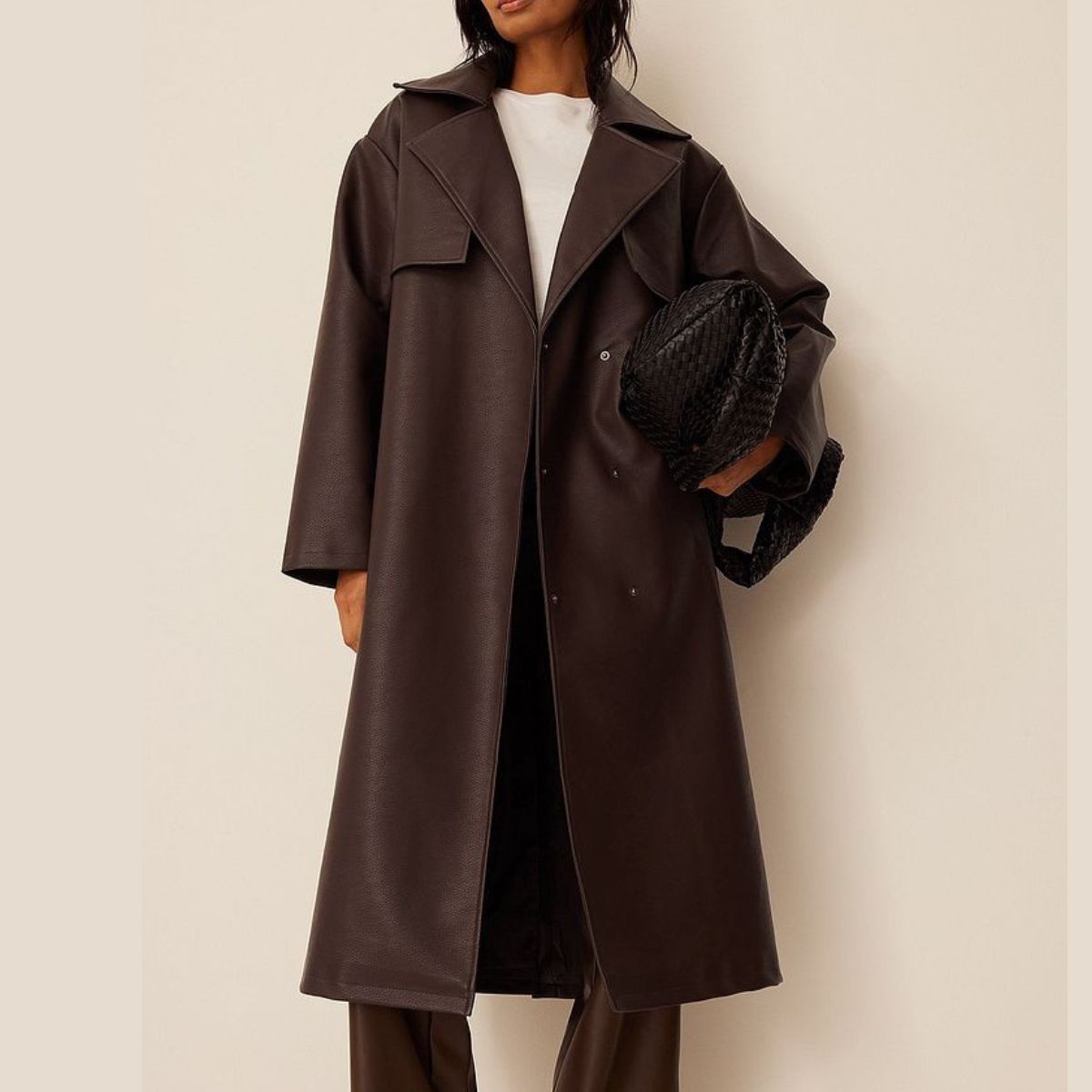 Esto Women’s Brown Leather Trench Coat With Adjustable Waist Belt