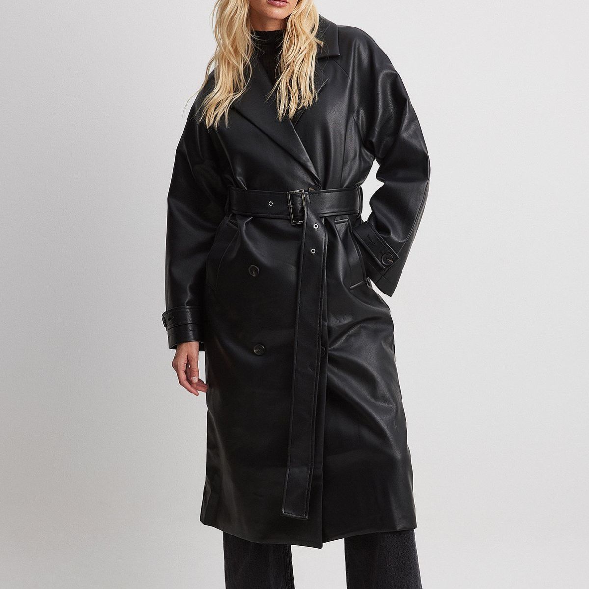 Womens Leather Trench Coat Full Length With Adjustable Waist Belt