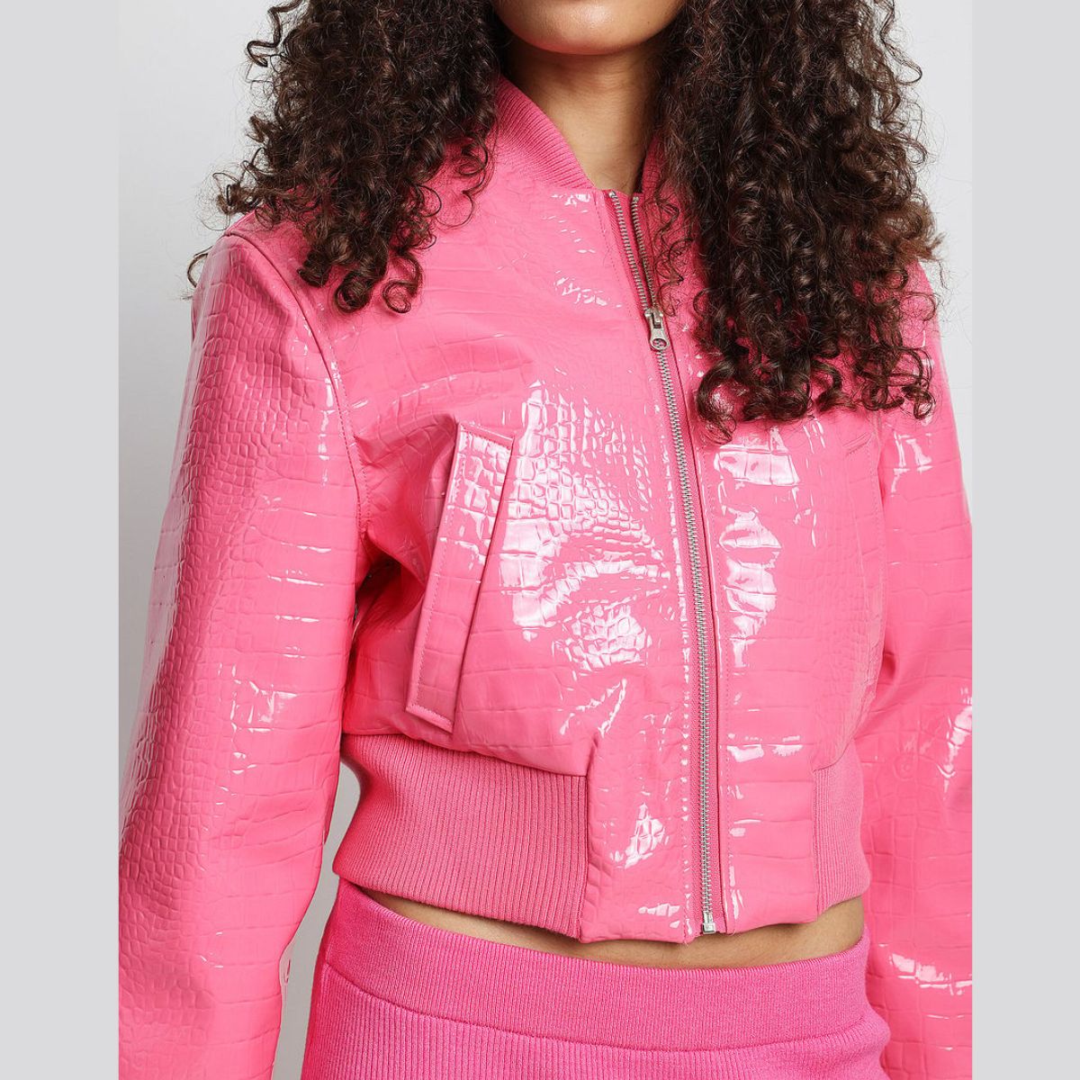 Trendy Pink Crocodile Pattern Leather Jacket For Women