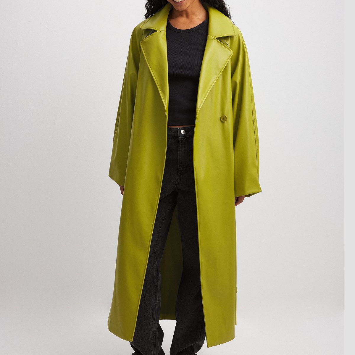 Chic Green Women’s Trench Leather Coat With Adjustable Waist Belt