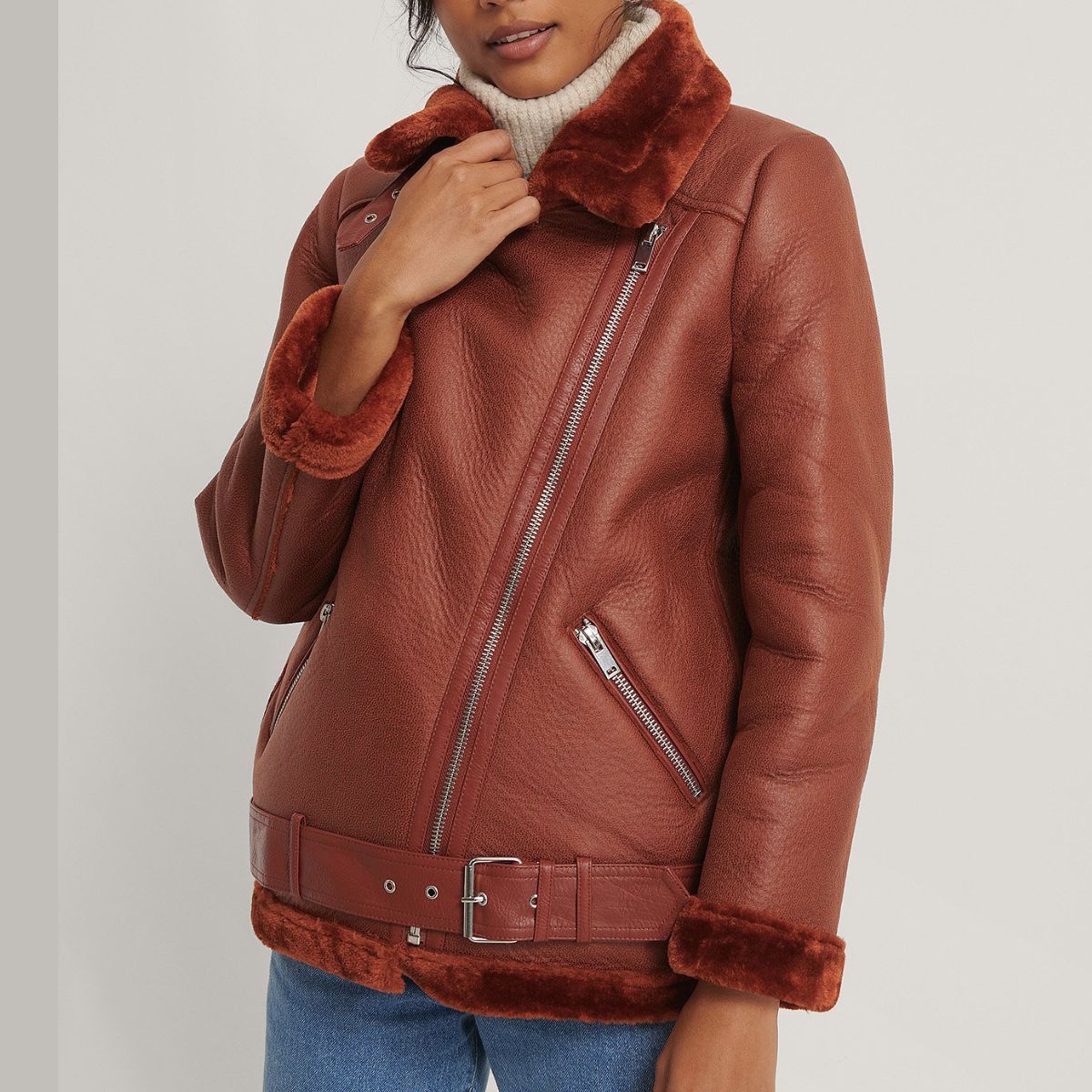 Pinkish Brown Bomber Shearling Leather Jacket for Women