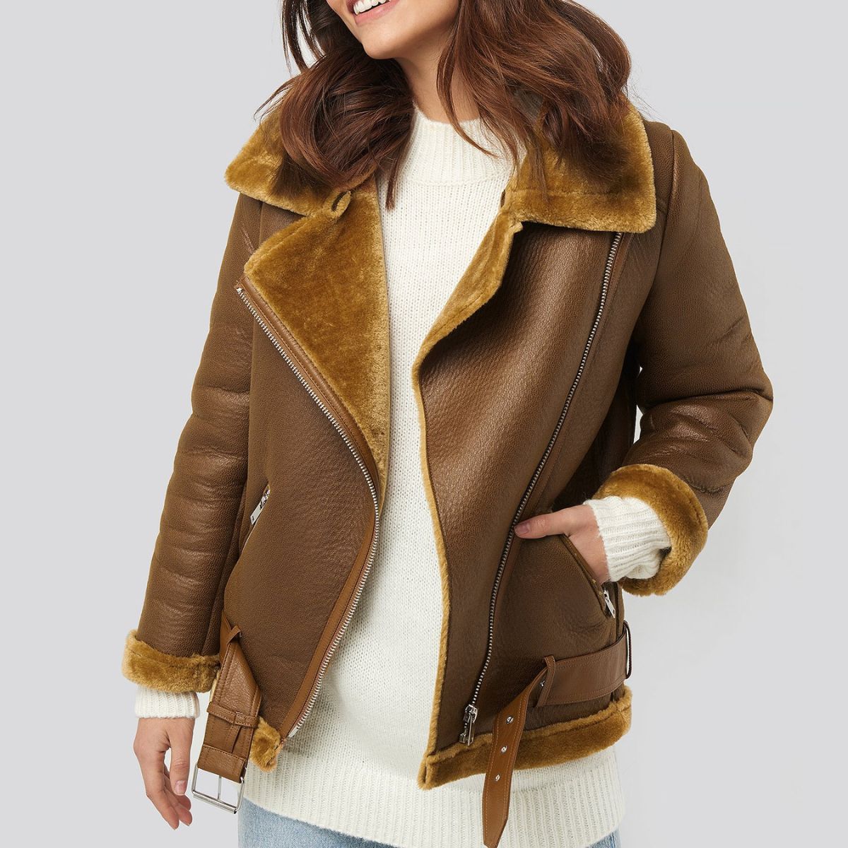 Cafe Noir Brown Women’s Shearling Bomber Jacket With Waist Belt