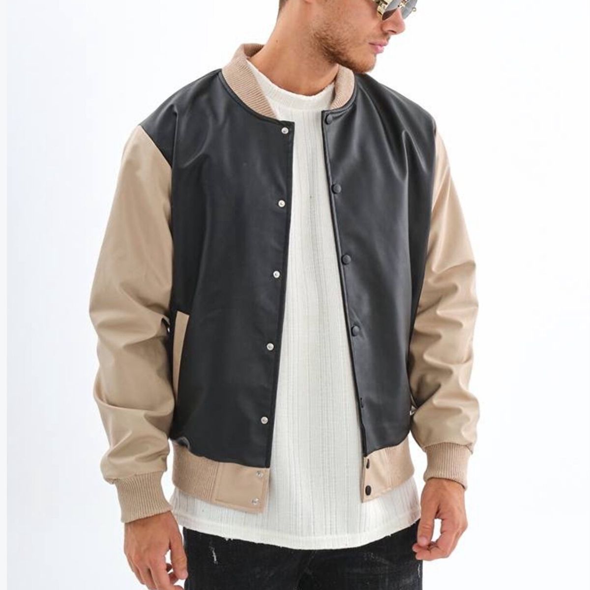 Spectrum Men’s Beige Bomber Leather Jacket