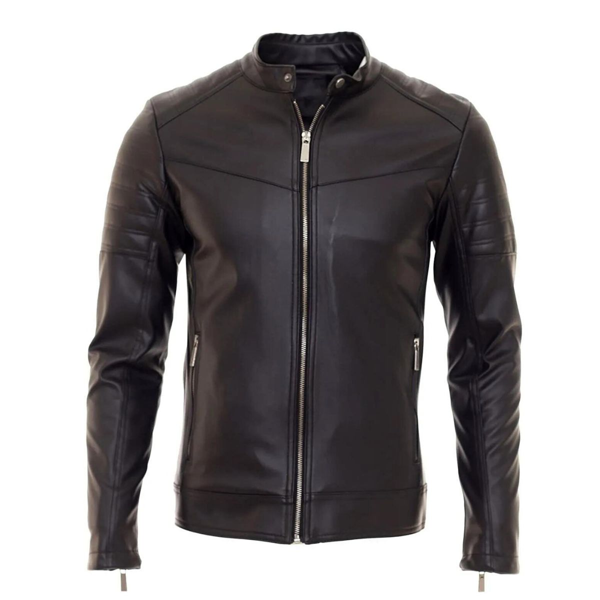 Elara Men’s Grey Black Moto Leather Jacket with Crest Back & Shoulders