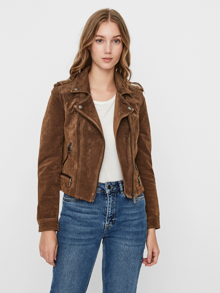 Sepia Brown Suede Bomber Leather Jacket for Women