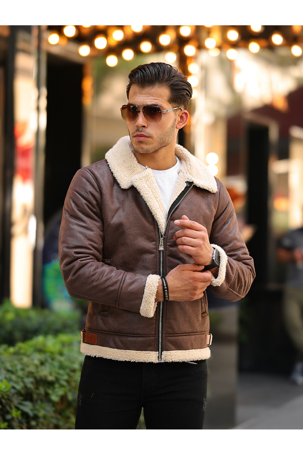 Bright Brown Bomber Shearling fur Leather Jacket for Men