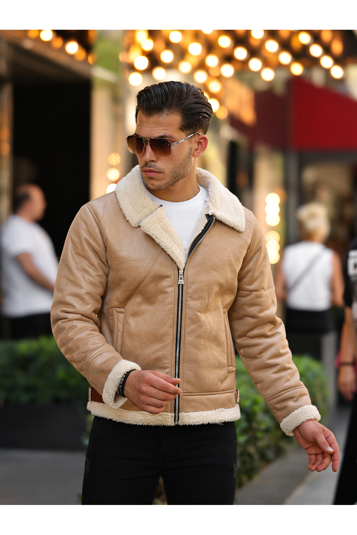 Light Brown Shearling Bomber Leather Jacket for Men