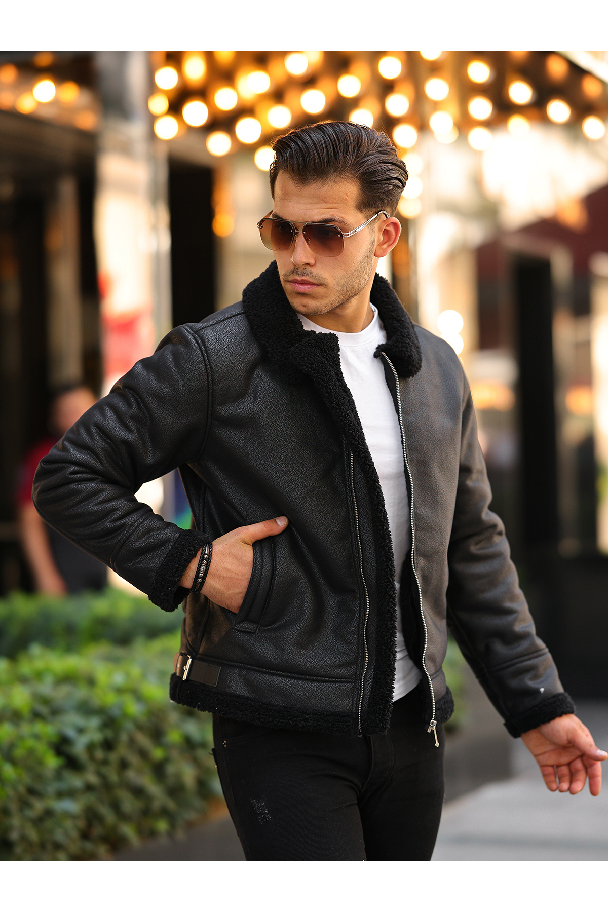 Black Bomber Lapel Fur Collar Leather Jacket for Men