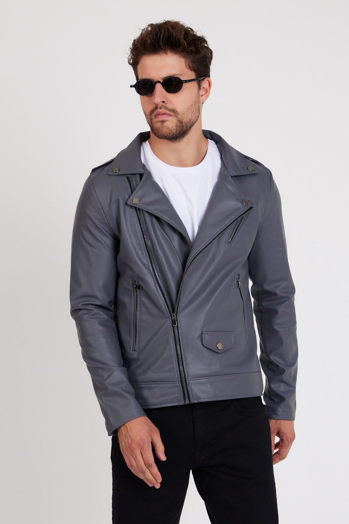 Grey Asymmetric Zipper Motorcycle Men Leather Jacket