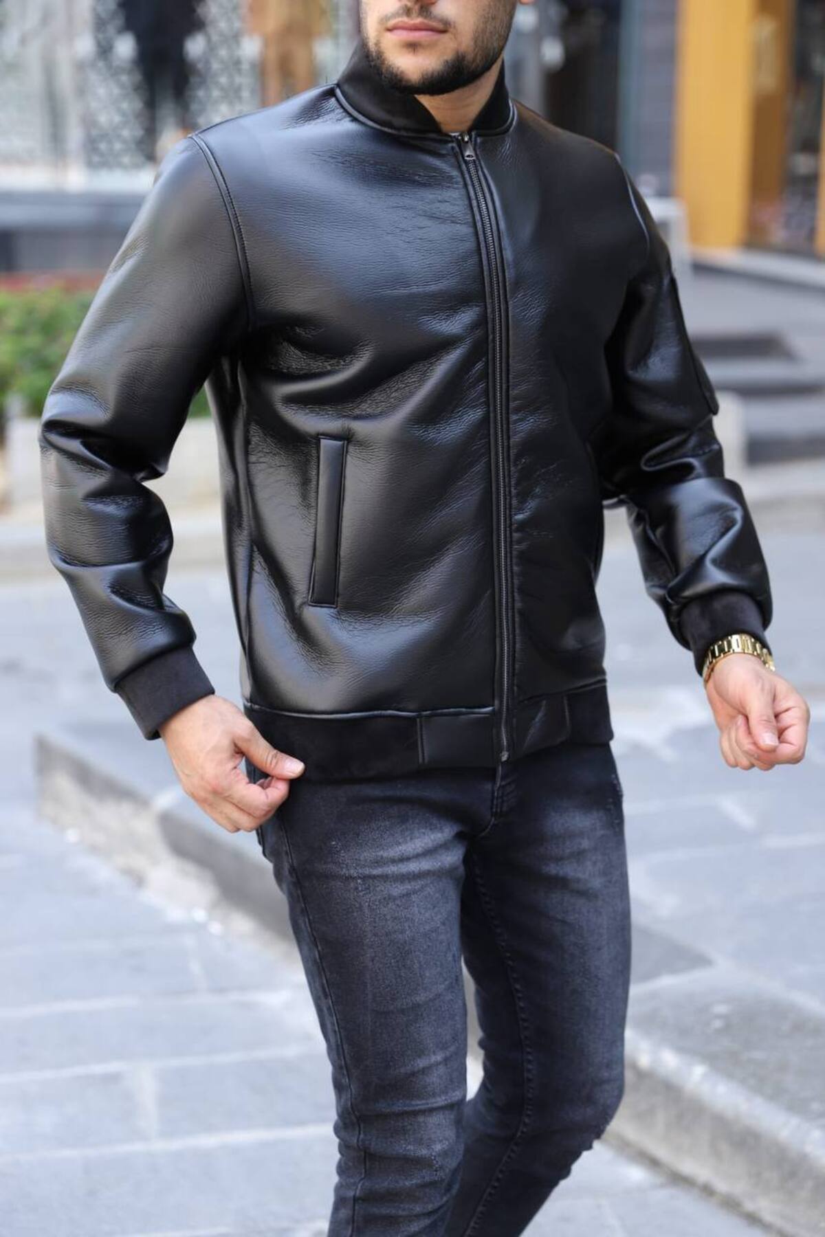 Premium Black Leather Bomber Jacket Mens