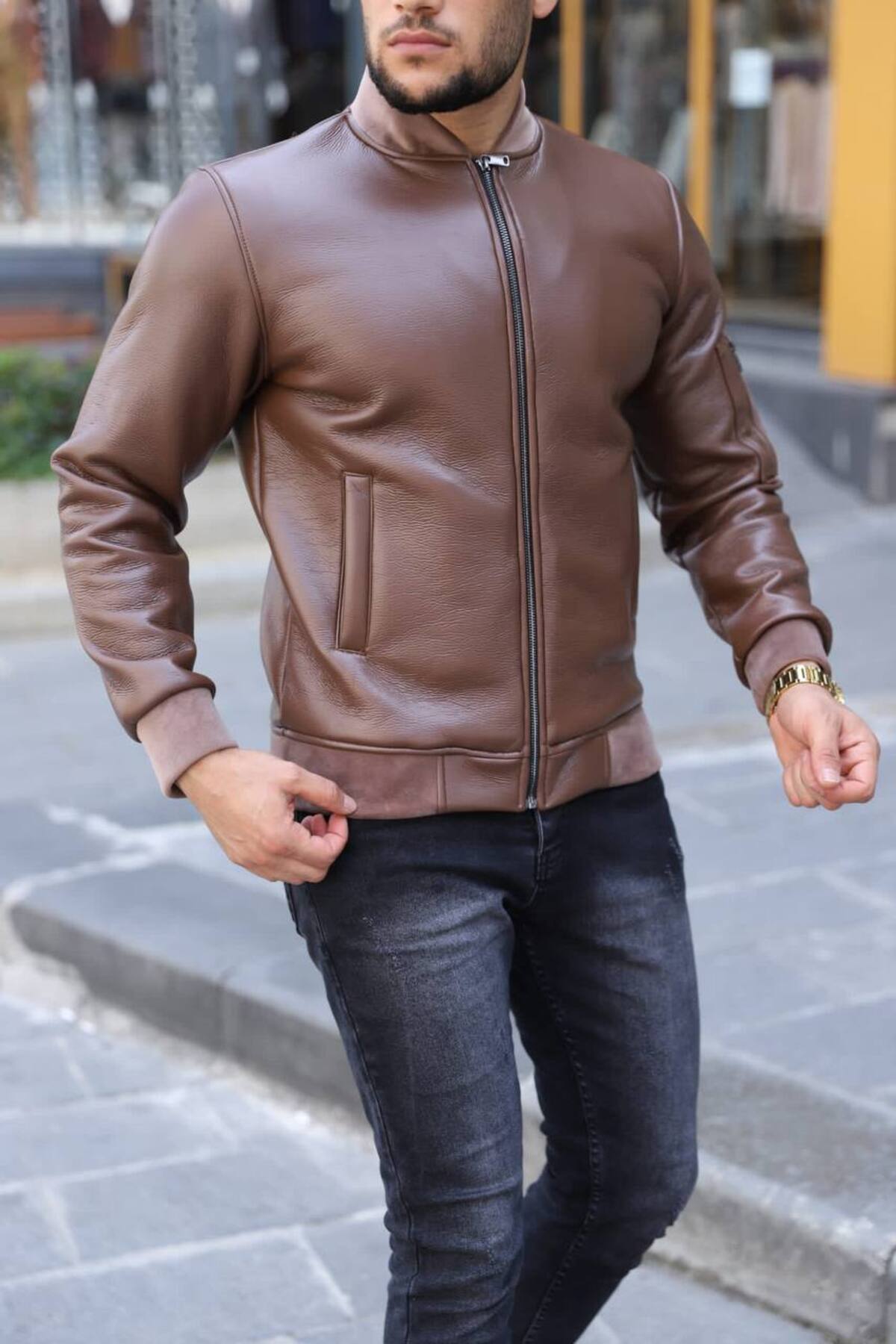 Red Wattle Zipper Bomber Leather Jacket Mens