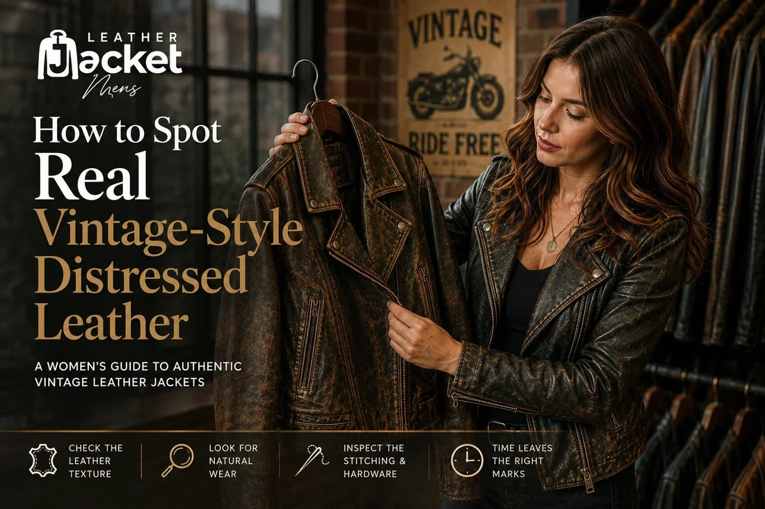 Learn how to spot real vintage-style distressed leather at Leather Jacket Mens