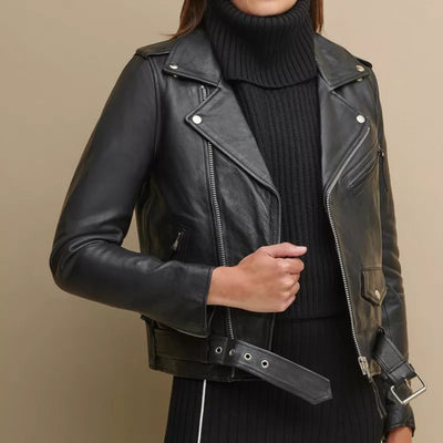 Women's black lambskin biker jacket with asymmetric YKK zip and quilted shoulder detail