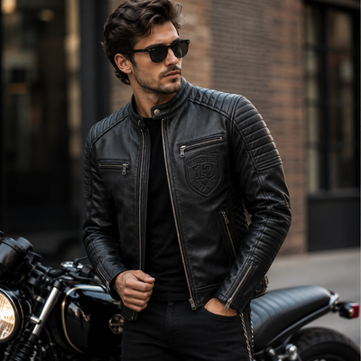 Men's black crested leather biker jacket with embroidered shield emblem on front
