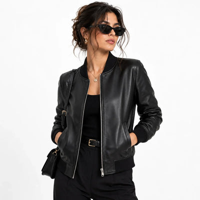Women's black lambskin bomber jacket with ribbed collar and cuffs, front view